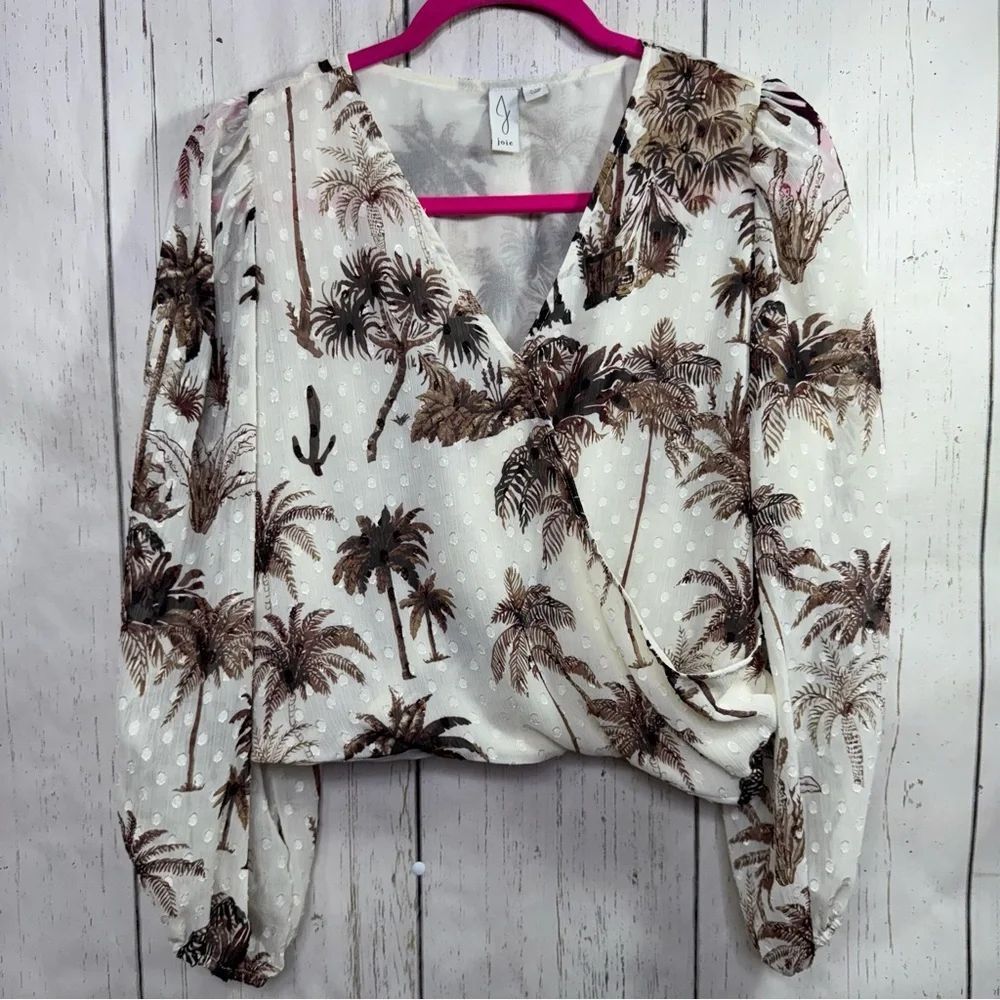 Joie Palm Print Faux Wrap Blouse Tropical Smocked Waist Lightweight Top Resort